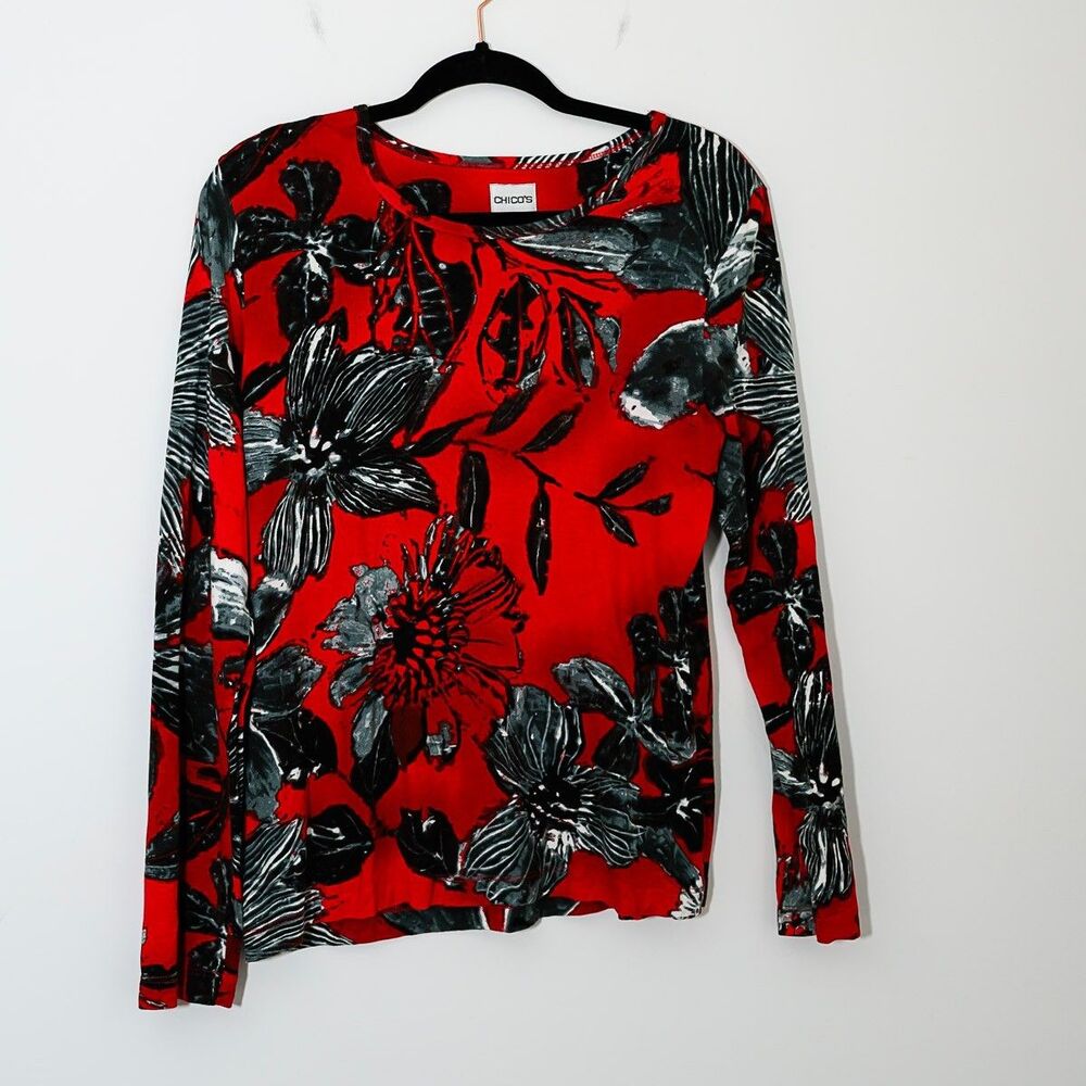 Chico's Long Sleeve T Red Black Floral M‎ 8